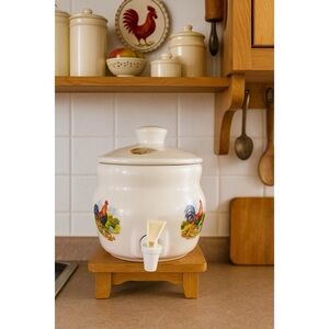 Vintage White Rooster Farmhouse Ceramic Beverage Spigot Gallon Dispenser Cottage